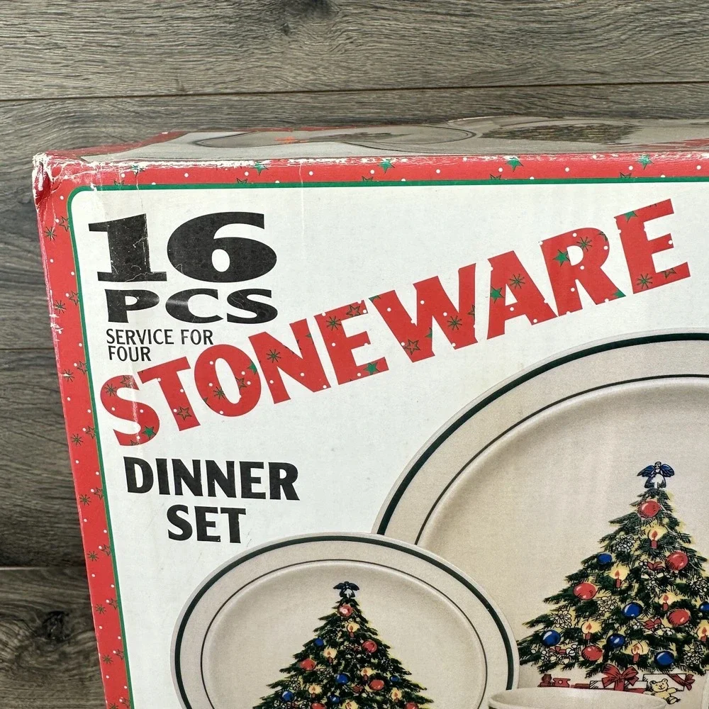 CR Seasons 16 Pcs Christmas Tree Stoneware Dinner Set Dishes Bowls Cups Platters